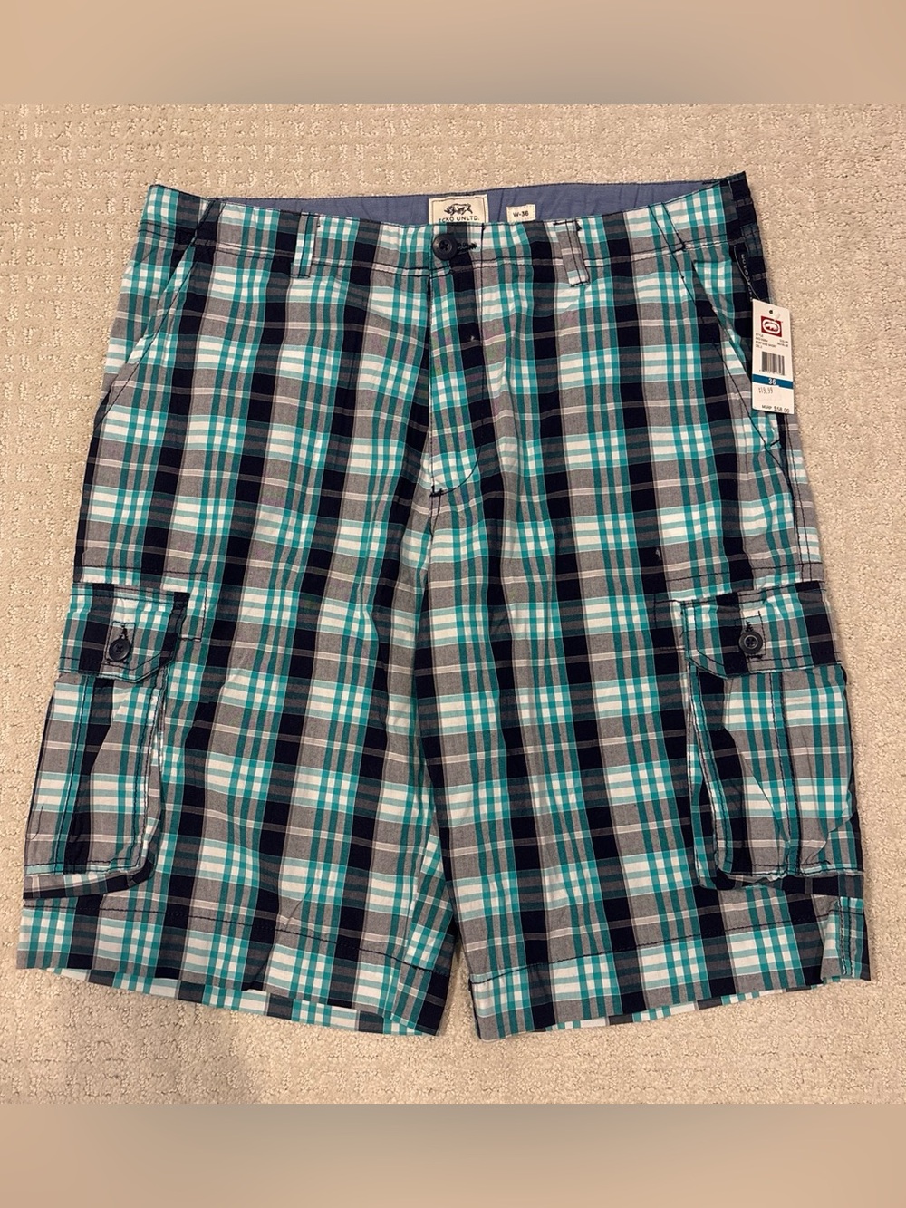 Ecko Unlimited Teal, Black & Gray Plaid Cargo Shorts